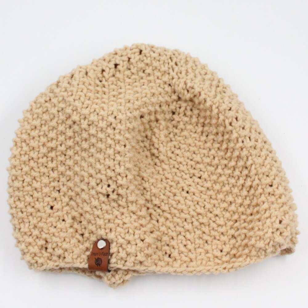 Handmade Hand Knit Acrylic Seed Stitch Beanie Hat in Taupe